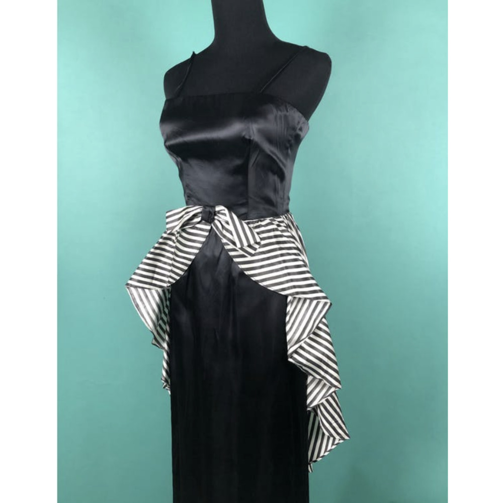 Vtg 80s Black & White Spaghetti Strap Maxi Pencil Slitted Sheath Gown Sz Small